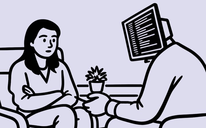Zeichnung einer bedrückt schauende Frau im Gespräch mit einem Mann, der an Stelle des Kopfes einen Computerbildschirm trägt