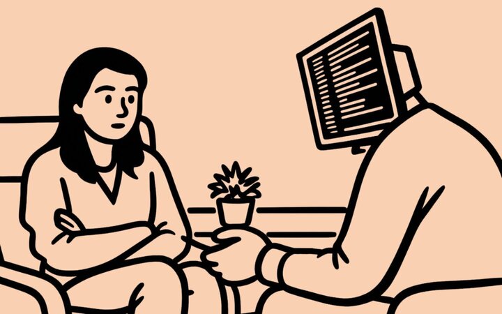 Zeichnung einer bedrückt schauende Frau im Gespräch mit einem Mann, der an Stelle des Kopfes einen Computerbildschirm trägt