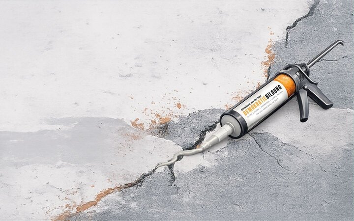 Fotorealistische Illustration: Fugenkitt wird in einen Riss in einer Fläche aus betonartigem Material gefüllt