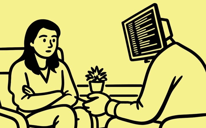 Zeichnung einer bedrückt schauende Frau im Gespräch mit einem Mann, der an Stelle des Kopfes einen Computerbildschirm trägt